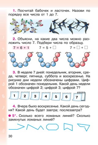 30
1. Посчитай бабочек и ласточек. Назови по
порядку все числа от 1 до 7.
2. Объясни, на какие два числа можно раз-
ложить число 7. Подбери числа по образцу.
7 = 6 + 1 7 = 5 + 7 = +
3. В неделе 7 дней: понедельник, вторник, сре-
да, четверг, пятница, суббота и воскресенье. На
рисунке дни недели обозначены цифрами. Циф-
рой 1 обозначен понедельник. Какой день недели
обозначен цифрой 2; цифрой 3; цифрой 7?
4. Вчера было воскресенье. Какой день сегод-
ня? Какой день будет завтра; послезавтра?
5*. Сколько всего ломаных линий? Сколько
замкнутых ломаных линий?
1 2 3 4 5 6 7
 