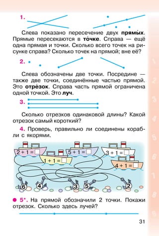31
1.
Слева показано пересечение двух прямых.
Прямые пересекаются в точке. Справа — ещё
одна прямая и точки. Сколько всего точек на ри-
сунке справа? Сколько точек на прямой; вне её?
2.
Слева обозначены две точки. Посредине —
также две точки, соединённые частью прямой.
Это отрезок. Справа часть прямой ограничена
одной точкой. Это луч.
3.
Сколько отрезков одинаковой длины? Какой
отрезок самый короткий?
4. Проверь, правильно ли соединены кораб-
ли с якорями.
2 + 1 =
1 + 1 =
5 + 1 = 3 + 1 =
4 + 1 =
6 4 3 5 2
5*. На прямой обозначили 2 точки. Покажи
отрезок. Сколько здесь лучей?
 