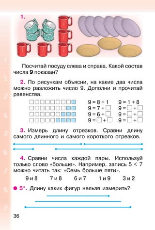 36
1.
Посчитай посуду слева и справа. Какой состав
числа 9 показан?
2. По рисункам объясни, на какие два числа
можно разложить число 9. Дополни и прочитай
равенства.
9 = 8 + 1 9 = 1 + 8
9 = 7 + 9 = +
9 = 6 + 9 = +
9 = + 9 = +
3. Измерь длину отрезков. Сравни длину
самого длинного и самого короткого отрезков.
4. Сравни числа каждой пары. Используй
только слово «больше». Например, запись 5 < 7
можно читать так: «Семь больше пяти».
9 и 8 7 и 8 6 и 7 1 и 9 3 и 2
5*. Длину каких фигур нельзя измерить?
 