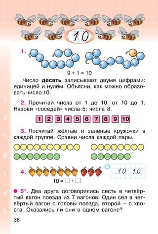 38
1.
9 + 1 = 10
Число десять записывают двумя цифрами:
единицей и нулём. Объясни, как можно образо-
вать число 10.
2. Прочитай числа от 1 до 10, от 10 до 1.
Назови «соседей» числа 5; числа 8.
1 2 3 4 5 6 7 8 9 10
3. Посчитай жёлтые и зелёные кружочки в
каждой группе. Сравни числа каждой пары.
4.
10 = +
5*. Два друга договорились сесть в четвёр-
тый вагон поезда из 7 вагонов. Один сел в чет-
вёртый вагон с головы поезда, второй – с хво-
ста. Оказались ли они в одном вагоне?
 