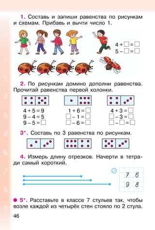 46
1. Составь и запиши равенства по рисункам
и схемам. Прибавь и вычти число 1.
2. По рисункам домино дополни равенства.
Прочитай равенства первой колонки.
4 + 5 = 9 1 + 6 = 4 + 3 =
9 – 4 = 5 – 1 = – 3 =
9 – 5 = – 6 = – =
3*. Составь по 3 равенства по рисункам.
4. Измерь длину отрезков. Начерти в тетра-
ди самый короткий.
5*. Расставьте в классе 7 стульев так, чтобы
возле каждой из четырёх стен стояло по 2 стула.
4 + =
5 – =
 