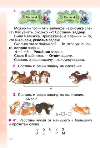 50
1.
Можно ли посчитать зайчиков на рисунке сле-
ва? Как узнать, сколько их? Составим задачу.
Было 4 зайчика. Прибежал ещё 1 зайчик. — То,
что мы знаем, условие задачи.
Сколько стало зайчиков? — То, что нужно най-
ти, вопрос задачи.
4 + 1 = 5 — Решение задачи.
Стало 5 зайчиков. — Ответ задачи.
Составь и реши задачу по рисунку справа.
2. Составь и реши задачу на сложение.
3. Составь и реши задачу на вычитание.
4*. Расставь числа от меньшего к большему
и прочитай слово.
8 5 6 7 3
О Е Т Р М
5 – =
Было 5
Было 4 Было 4
?
 