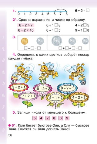 56
– = + + =
3 + 2 + 1
7 + 2 + 1 5 + 1 + 2
9 – 2 – 110 – 2 + 2
4 + 2 + 2
8 6 10
5. Запиши числа от меньшего к большему.
6*. Галя бегает быстрее Оли, а Оля — быстрее
Тани. Сможет ли Галя догнать Таню?
1. 6 + 2 =
2*. Сравни выражение и число по образцу.
6 + 2 > 7 6 + 1 8 4 + 2 5
6 + 2 < 10 6 – 1 5 9 – 1 8
3.
4. Определи, с каких цветков соберёт нектар
каждая пчёлка.
 