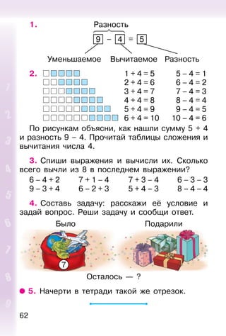 62
1. Разность
9 – 4 = 5
Уменьшаемое Вычитаемое Разность
2. 1 + 4 = 5 5 – 4 = 1
2 + 4 = 6 6 – 4 = 2
3 + 4 = 7 7 – 4 = 3
4 + 4 = 8 8 – 4 = 4
5 + 4 = 9 9 – 4 = 5
6 + 4 = 10 10 – 4 = 6
По рисункам объясни, как нашли сумму 5 + 4
и разность 9 – 4. Прочитай таблицы сложения и
вычитания числа 4.
3. Спиши выражения и вычисли их. Сколько
всего вычли из 8 в последнем выражении?
6 – 4 + 2 7 + 1 – 4 7 + 3 – 4 6 – 3 – 3
9 – 3 + 4 6 – 2 + 3 5 + 4 – 3 8 – 4 – 4
4. Составь задачу: расскажи её условие и
задай вопрос. Реши задачу и сообщи ответ.
Было Подарили
Осталось — ?
5. Начерти в тетради такой же отрезок.
7
 