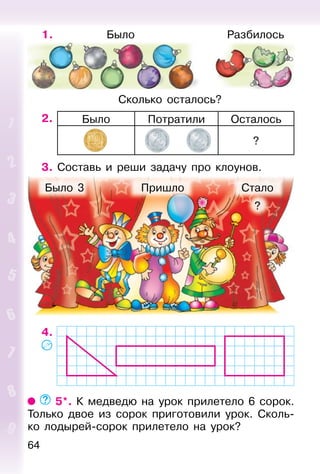 64
1.
2.
3. Составь и реши задачу про клоунов.
4.
5*. К медведю на урок прилетело 6 сорок.
Только двое из сорок приготовили урок. Сколь-
ко лодырей-сорок прилетело на урок?
Было
Сколько осталось?
Разбилось
Было Потратили Осталось
?
Было 3 Пришло Стало
?
 