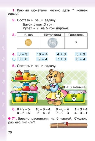 70
1. Какими монетами можно дать 7 копеек
сдачи?
2. Составь и реши задачу.
Батон стоит 3 грн.
Рулет – ?, на 5 грн дороже.
3.
4. 6 – 3 10 – 4 4 + 3 5 + 3
3 + 6 9 – 4 7 + 3 8 – 4
5. Составь и реши задачу.
6. 8 + 2 – 5 10 – 6 – 4 9 – 6 + 4 1 + 3 + 4
8 – 5 + 6 5 + 4 – 3 7 – 2 + 3 4 – 3 – 1
7*. Бревно распилили на 6 частей. Сколько
раз его пилили?
Было Потратили Осталось
?
На 6 меньше
?
 