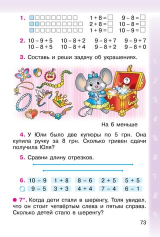 73
1. 1 + 8 = 9 – 8 =
2 + 8 = 10 – 8 =
1 + 9 = 10 – 9 =
2. 10 – 9 + 5 10 – 8 + 2 9 – 8 + 7 9 – 9 + 7
10 – 8 + 5 10 – 8 + 4 9 – 8 + 2 9 – 8 + 0
3. Составь и реши задачу об украшениях.
4. У Юли было две купюры по 5 грн. Она
купила ручку за 8 грн. Сколько гривен сдачи
получила Юля?
5. Сравни длину отрезков.
6. 10 – 9 1 + 8 8 – 6 2 + 5 5 + 5
9 – 5 3 + 3 4 + 4 7 – 4 6 – 1
7*. Когда дети стали в шеренгу, Толя увидел,
что он стоит четвёртым слева и пятым справа.
Сколько детей стало в шеренгу?
На 6 меньше
?
 