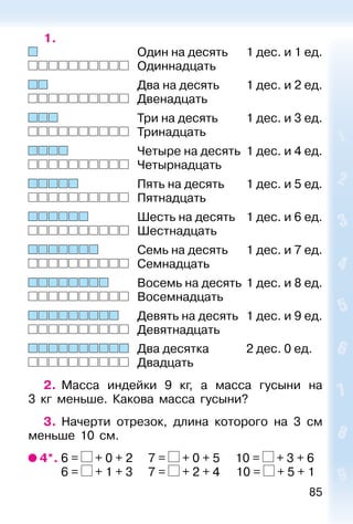 85
1.
Один на десять 1 дес. и 1 ед.
Одиннадцать
Два на десять 1 дес. и 2 ед.
Двенадцать
Три на десять 1 дес. и 3 ед.
Тринадцать
Четыре на десять 1 дес. и 4 ед.
Четырнадцать
Пять на десять 1 дес. и 5 ед.
Пятнадцать
Шесть на десять 1 дес. и 6 ед.
Шестнадцать
Семь на десять 1 дес. и 7 ед.
Семнадцать
Восемь на десять 1 дес. и 8 ед.
Восемнадцать
Девять на десять 1 дес. и 9 ед.
Девятнадцать
Два десятка 2 дес. 0 ед.
Двадцать
2. Масса индейки 9 кг, а масса гусыни на
3 кг меньше. Какова масса гусыни?
3. Начерти отрезок, длина которого на 3 см
меньше 10 см.
4*. 6 = + 0 + 2 7 = + 0 + 5 10 = + 3 + 6
6 = + 1 + 3 7 = + 2 + 4 10 = + 5 + 1
 