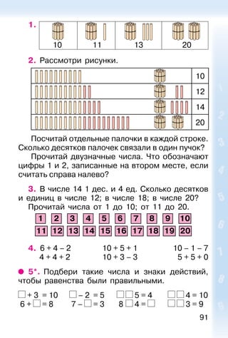 91
1.
2. Рассмотри рисунки.
10
12
14
20
Посчитай отдельные палочки в каждой строке.
Сколько десятков палочек связали в один пучок?
Прочитай двузначные числа. Что обозначают
цифры 1 и 2, записанные на втором месте, если
считать справа налево?
3. В числе 14 1 дес. и 4 ед. Сколько десятков
и единиц в числе 12; в числе 18; в числе 20?
Прочитай числа от 1 до 10; от 11 до 20.
1 2 3 4 5 6 7 8 9 10
11 12 13 14 15 16 17 18 19 20
4. 6 + 4 – 2 10 + 5 + 1 10 – 1 – 7
4 + 4 + 2 10 + 3 – 3 5 + 5 + 0
5*. Подбери такие числа и знаки действий,
чтобы равенства были правильными.
+ 3 = 10 – 2 = 5 5 = 4 4 = 10
6 + = 8 7 – = 3 8 4 = 3 = 9
10 11 13 20
 