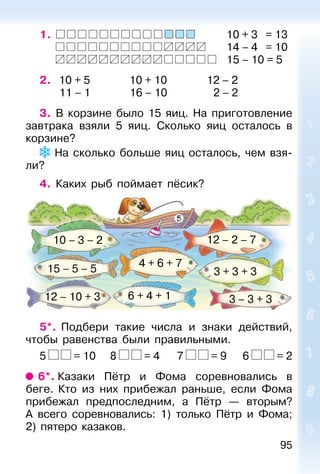 95
1. 10 + 3 = 13
14 – 4 = 10
15 – 10 = 5
2. 10 + 5 10 + 10 12 – 2
11 – 1 16 – 10 2 – 2
3. В корзине было 15 яиц. На приготовление
завтрака взяли 5 яиц. Сколько яиц осталось в
корзине?
На сколько больше яиц осталось, чем взя-
ли?
4. Каких рыб поймает пёсик?
5*. Подбери такие числа и знаки действий,
чтобы равенства были правильными.
5 = 10 8 = 4 7 = 9 6 = 2
6*. Казаки Пётр и Фома соревновались в
беге. Кто из них прибежал раньше, если Фома
прибежал предпоследним, а Пётр — вторым?
А всего соревновались: 1) только Пётр и Фома;
2) пятеро казаков.
10 – 3 – 2 12 – 2 – 7
15 – 5 – 5
12 – 10 + 3
4 + 6 + 7
6 + 4 + 1
3 + 3 + 3
3 – 3 + 3
 