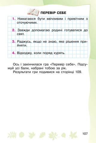 107
ПЕРЕВІР СЕБЕ
1. Намагаюся бути ввічливим і привітним з
оточуючими.
2. Завжди допомагаю родині готуватися до
свят.
3. Раджусь, якщо не знаю, яке рішення при­
йняти.
4. Відходжу, коли поряд курять.
Ось і закінчилася гра «Перевір себе». Підсу­
муй усі бали, набрані тобою за рік.
Результати гри подивися на сторінці 109.
Намагаюся бути ввічливим і привітним з
оточуючими.
Завжди допомагаю родині готуватися до
свят.
3. Раджусь, якщо не знаю, яке рішення при­
йняти.
4. Відходжу, коли поряд курять.
 