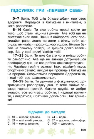 109
ПІДСУМОК ГРИ «ПЕРЕВІР СЕБЕ»
0–7 балів. Тобі слід більше дбати про своє
здоров’я. Порадься з батьками і вчителем, з
чого розпочати.
8–16 балів. Ти вже робиш перші кроки до
того, щоб стати міцним і дужим. Але тобі ще не
вистачає сили волі. Почни з найпростішого: про­
кидайся рано, довго не лежи в ліжку, роби за­
рядку, вмивайся прохолодною водою. Більше бу­
вай на свіжому повітрі, не дивися довго телеві­
зор. Вір у свої сили! Успіхів тобі!
17–23 бали. Ти вже багато чого вмієш роби­
ти самостійно. Але ще не завжди дотримуєшся
розпорядку дня, не все робиш для загартовуван­
ня. Частіше грай у рухливі ігри, відвідуй якусь
спортивну секцію; вихідні дні проводь з батьками
на природі. Скористайся порадами Здоров’ячка,
і тоді тобі все вдаватиметься.
24–29 балів. Ти дружиш з фізкультурою, до­
тримуєшся розпорядку дня. У тебе майже за­
вжди гарний настрій, багато друзів, ти добре
вчишся, все встигаєш робити: і надворі погуля­
ти, і погратися, і батькам допомогти. Так трима­
ти!
ВІДГАДКИ ДО ЗАГАДОК
С. 10 – школа; дзвінок.
С. 39 – шкільний рюкзак.
С. 46 – мило; рушник.
С. 74 – вода.
С. 87 – дорога; світлофор.
С. 105 – здоров’я.
 