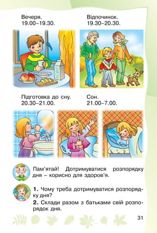 31
Вечеря.
19.00–19.30.
Відпочинок.
19.30–20.30.
Підготовка до сну.
20.30–21.00.
Сон.
21.00–7.00.
Пам’ятай! Дотримуватися розпорядку
дня – корисно для здоров’я.
1. Чому треба дотримуватися розпоряд­
ку дня?
2. Склади разом з батьками свій розпо­
рядок дня.
 