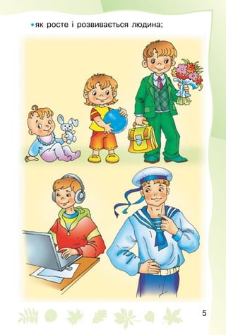 5
• як росте і розвивається людина;
 