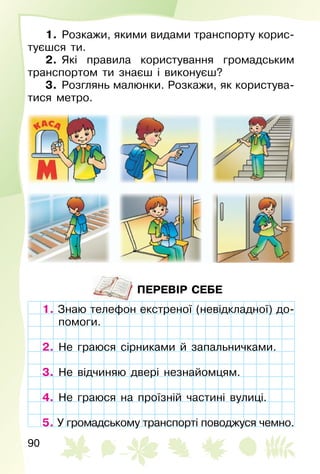 90
1. Розкажи, якими видами транспорту корис­
туєшся ти.
2. Які правила користування громадським
транспортом ти знаєш і виконуєш?
3. Розглянь малюнки. Розкажи, як користува­
тися метро.
ПЕРЕВІР СЕБЕ
1. Знаю телефон екстреної (невідкладної) до­
помоги.
2. Не граюся сірниками й запальничками.
3. Не відчиняю двері незнайомцям.
4. Не граюся на проїзній частині вулиці.
5. У громадському транспорті поводжуся чемно.
Знаю телефон екстреної (невідкладної) до­
помоги.
Не граюся сірниками й запальничками.
Не відчиняю двері незнайомцям.
Не граюся на проїзній частині вулиці.
5. У громадському транспорті поводжуся чемно.
 