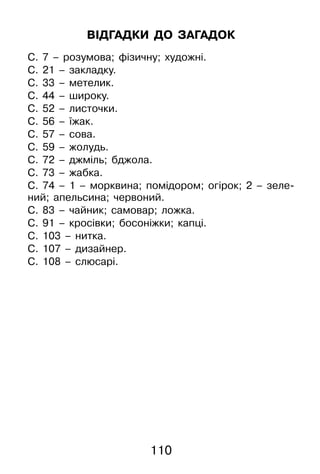110
Відгадки до загадок
С. 7 – розумова; фізичну; художні.
С. 21 – закладку.
С. 33 – метелик.
С. 44 – широку.
С. 52 – листочки.
С. 56 – їжак.
С. 57 – сова.
С. 59 – жолудь.
С. 72 – джміль; бджола.
С. 73 – жабка.
С. 74 – 1 – морквина; помідором; огірок; 2 – зеле-
ний; апельсина; червоний.
С. 83 – чайник; самовар; ложка.
С. 91 – кросівки; босоніжки; капці.
С. 103 – нитка.
С. 107 – дизайнер.
С. 108 – слюсарі.
 