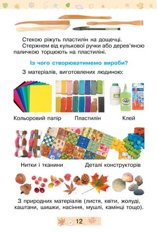 12
Стекою ріжуть пластилін на дощечці.
Стержнем від кулькової ручки або дерев’яною
паличкою торцюють на пластиліні.
Із чого створюватимемо вироби?
З матеріалів, виготовлених людиною:
ПластилінКольоровий папір Клей
Нитки і тканини Деталі конструкторів
З природних матеріалів (листя, квіти, жолуді,
каштани, шишки, насіння, мушлі, камінці тощо).
 