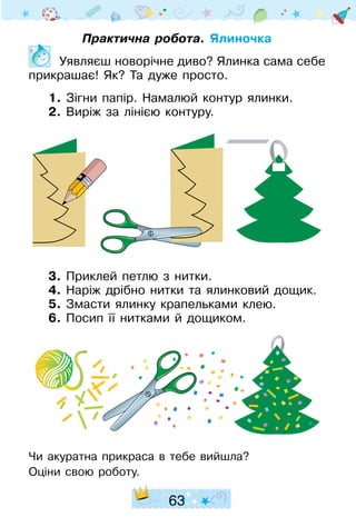 63
Практична робота. Ялиночка
	 Уявляєш новорічне диво? Ялинка сама себе
прикрашає! Як? Та дуже просто.
1. Зігни папір. Намалюй контур ялинки.
2. Виріж за лінією контуру.
3. Приклей петлю з нитки.
4. Наріж дрібно нитки та ялинковий дощик.
5. Змасти ялинку крапельками клею.
6. Посип її нитками й дощиком.
Чи акуратна прикраса в тебе вийшла?
Оціни свою роботу.
 