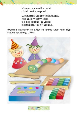 70
У пластиліновій країні
різні речі є чарівні.
Скульптор дошку підкладає,
яка дивну силу має,
бо всі зліпки на уроці
оживають на тій дошці.
Розглянь малюнок і знайди на ньому пластилін, під-
кладну дощечку, стеки.
 