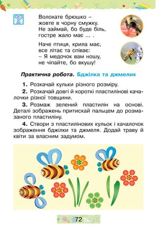 72
Волохате брюшко –
жовте в чорну смужку.
Не займай, бо буде біль,
гостре жало має ... .
Наче птиця, крила має,
все літає та співає:
– Я медочок вам ношу,
не чіпайте, бо вкушу!
Практична робота. Бджілка та джмелик
1.	 Розкачай кульки різного розміру.
2.	 Розкачай довгі й короткі пластилінові кача­
лочки різної товщини.
3.	 Розмаж зелений пластилін на основі.
Деталі зображень притискай пальцем до розма-
заного пластиліну.
4.	 Створи з пластилінових кульок і качалочок
зо­браження бджілки та джмеля. Додай траву й
кві­ти за власним задумом.
 