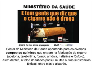 Pôster do Ministério da Saúde apontando para os diversos
compostos químicos que entram na fabricação do cigarro
(acetona, terebintina, formol, amônia, naftalina e fósforo).
Além destes, a folha de tabaco possui muitas outras substâncias
tóxicas, entre elas o alcatrão.
 