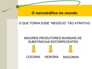 O QUE TORNA ESSE “NEGÓCIO” TÃO ATRATIVO
MAIORES PRODUTORES MUNDIAIS DE
SUBSTÂNCIAS ENTORPECENTES:
COCAÍNA HEROÍNA MACONHA
O narcotráfico no mundo
 