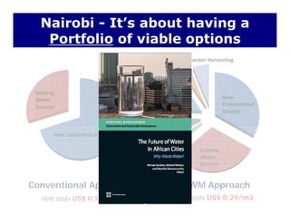 Nairobi - It’s about having a
Portfolio of viable options
Private Boreholes
Greywater Harvesting
Portfolio of viable options
Existing 
NewLeakage Mgt.
Water 
Sources
New 
Conventional 
Sources
Stormwater
g g
New Conventional Sources
Existing 
Harvesting
Water 
Sources
Water Demand Mgt.
IUWM A hC ti l A h IUWM Approach
Unit costs US$ 0.29/m3
Conventional Approach
Unit costs US$ 0.36/m3
 