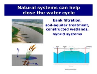 Natural systems can help
close the water cycle
bank filtration,
close the water cycle
soil-aquifer treatment,
constructed wetlands,
hybrid systems
O2
O2
 