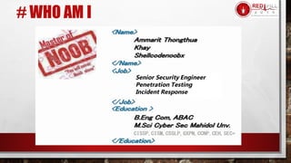 # WHO AM I
Senior Security Engineer
Penetration Testing
Incident Response
 