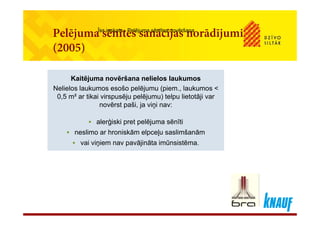 Pelējuma sēnītes sanācijas norādījumiĪss ieskats - Pelējuma sēnītes novēršana
Pelējuma sēnītes sanācijas norādījumi
(2005)
Kaitējuma novēršana nelielos laukumos
Nelielos laukumos esošo pelējumu (piem laukumos <
Kaitējuma novēršana nelielos laukumos
Nelielos laukumos esošo pelējumu (piem laukumos <Nelielos laukumos esošo pelējumu (piem., laukumos <
0,5 m² ar tikai virspusēju pelējumu) telpu lietotāji var
novērst paši, ja viņi nav:
Nelielos laukumos esošo pelējumu (piem., laukumos <
0,5 m² ar tikai virspusēju pelējumu) telpu lietotāji var
novērst paši, ja viņi nav:
 alerģiski pret pelējuma sēnīti
 neslimo ar hroniskām elpceļu saslimšanām
 alerģiski pret pelējuma sēnīti
 neslimo ar hroniskām elpceļu saslimšanām
 vai viņiem nav pavājināta imūnsistēma. vai viņiem nav pavājināta imūnsistēma.
 