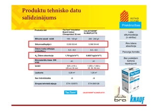 Produktu tehnisko datu
salīdzinājumssalīdzinājums
Produkta dati TecTem® Insulation
CALSITHERM®
PriekšrocībasPriekšrocības
Produkta dati TecTem Insulation
Board Indoor
Climaprotect 30 mm
CALSITHERM®
KLIMAPLATTE
Blīvums sausā veidā 105 - 120 g/l 200 - 240 g/l
Laba
siltumizolācija
(λ vērtība)
Laba
siltumizolācija
(λ vērtība)
Āt ūdĀt ūdSiltumvadītspēja λ 0,050 W/mK 0,066 W/mK
Ūdens tvaika difūzijas
pretestība μ
5,0 – 6,0 3,0 – 6,0
A Ūdens absorbcija 1 76 kg/(m²s0 5) 0 9537 kg/(m²s0 5)
Ātra ūdens
absorbcija
Ātra ūdens
absorbcija
Parocīgs formātsParocīgs formāts
Aw Ūdens absorbcija 1,76 kg/(m²s0,5) 0,9537 kg/(m²s0,5)
Būvmateriālu klase DIN
4102
A1 A1
Izmēri 625 x 416 x
(25 un) 30 mm
1.250 x 1.000 x
25 30 50 mm
Bez putekļiem
kartona
iepakojumā
Bez putekļiem
kartona
iepakojumā
(25 un) 30 mm 25, 30, 50 mm
Laukums 0,26 m² 1,25 m²
Nav hidrofobizēta Jā Jā
Eiropas tehniskā atļauja ETA-12/0573 ETA-08/0126
 