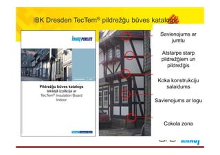 IBK Dresden TecTem® pildrežģu būves katalogs
Savienojums ar
jumtuj
Atstarpe starp
pildrežģiem unpildrežģiem un
pildrežģis
Koka konstrukciju
salaidumsPildrežģu būves katalogs
Iekšējā izolācija ar
TecTem® Insulation Board
Savienojums ar logu
TecTem® Insulation Board
Indoor
Cokola zona
 
