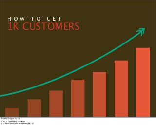 H O W T O G E T
1K CUSTOMERS
Sunday, August 11, 13
Cost of Customer Acquisition 
LTV Must be at least three times of CAC
 