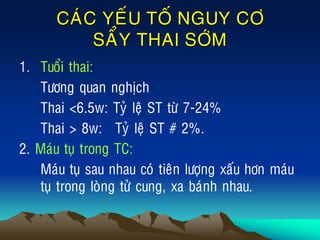 CAÙC YEÁU TOÁ NGUY CÔ
SAÅY THAI SÔÙM
1. Tuoåi thai:
Töông quan nghòch
Thai <6.5w: Tyû leä ST töø 7-24%
Thai > 8w: Tyû leä ST # 2%.
2. Maùu tuï trong TC:
Maùu tuï sau nhau coù tieân löôïng xaáu hôn maùu
tuï trong loøng töû cung, xa baùnh nhau.
 