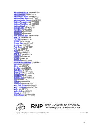 Medium Goldenrod rgb=#EAEAAE Medium Orchid rgb=#9370DB Medium Sea Green rgb=#426F42 Medium Slate Blue rgb=#7F00FF Medium Spring Green rgb=#7FFF00 Medium Turquoise rgb=#70DBDB Medium Violet Red rgb=#DB7093 Medium Wood rgb=#A68064 Midnight Blue rgb=#2F2F4F Navy Blue rgb=#23238E Neon Blue rgb=#4D4DFF Neon Pink rgb=#FF6EC7 New Midnight Blue rgb=#00009C New Tan rgb=#EBC79E Old Gold rgb=#CFB53B Orange rgb=#FF7F00 Orange Red rgb=#FF2400 Orchid rgb=#DB70DB Pale Green rgb=#8FBC8F Pink rgb=#BC8F8F Plum rgb=#EAADEA Quartz rgb=#D9D9F3 Rich Blue rgb=#5959AB Salmon rgb=#6F4242 Scarlet rgb=#8C1717 Sea Green rgb=#238E68 Semi-Sweet Chocolate rgb=#6B4226 Sienna rgb=#8E6B23 Silver rgb=#E6E8FA Sky Blue rgb=#3299CC Slate Blue rgb=#007FFF Spicy Pink rgb=#FF1CAE Spring Green rgb=#00FF7F Steel Blue rgb=#236B8E Summer Sky rgb=#38B0DE Tan rgb=#DB9370 Thistle rgb=#D8BFD8 Turquoise rgb=#ADEAEA Very Dark Brown rgb=#5C4033 Very Light Grey rgb=#CDCDCD Violet rgb=#4F2F4F Violet Red rgb=#CC3299 Wheat rgb=#D8D8BF Yellow Green rgb=#99CC32 
RNPREDE NACIONAL DE PESQUISACentro Regional de Brasília CR/DF 
______________________________________________________________________________________________________________________________________________________________________________________________________________________________ 
ftp://ftp.cr-df.rnp.br/pub/netinfo/training/rnp/kit-bsb/html/guia2.zip dezembro 1995 
33 
 