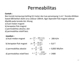 Contoh :
Besi toroid mempunyai keliling 0,3 meter dan luas penampang 1 cm2. Toroida dililitkan
kawat 600 belitan dialiri arus sebesar 100mA. Agar diperoleh fluk magnet sebesar
60µWb pada toroida tsb. Hitung
a) kuat medan magnet
b) kerapatan fluk magnet
c) permeabilitas absolut, dan
d) permeabiltas relatif besi.
Permeabilitas
Jawaban :
a) kuat medan magnet = 200 A/m
b) kerapatan fluk magnet = 0,6 T
c) permeabilitas absolut = 0,003 Wb/Am
d) permeabiltas relatif besi = 2400
24
 