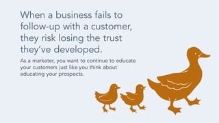 When a business fails to
follow-up with a customer,
they risk losing the trust
they’ve developed.
As a marketer, you want to continue to educate
your customers just like you think about
educating your prospects.
 