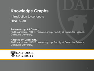 1
Introduction to concepts
HINF 6230
Knowledge Graphs
1
Presented by: Ali Daowd,
Ph.D. candidate, NICHE research group, Faculty of Computer Science,
Dalhousie University.
Adapted by: Jaber Rad,
Ph.D. candidate, NICHE research group, Faculty of Computer Science,
Dalhousie University.
 