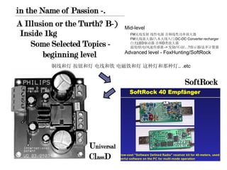 in the Name of Passion -.
A Illusion or the Turth? B-)    Mid-level
 Inside 1kg                       FM无线发射 线性电源 音频线性功率放大器
                                  FM天线放大器/八木天线入门 DC-DC Converter recharger
    Some Selected Topics -        白光LED驱动器 音频D类放大器
                                  温度/肌电/风速传感器 -> 发烧/耳动/.. .?指示器/盖革计数器

        beginning level         Advanced level - FoxHunting/SoftRock

         铜线和灯 按钮和灯 电线和铁 电磁铁和灯 这种灯和那种灯.. .etc


                                                          SoftRock




                    Universal
                    ClassD
 