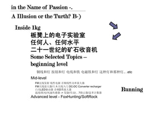 in the Name of Passion -.
A Illusion or the Turth? B-)
 Inside 1kg
       板凳上的电子实验室
       任何人、任何水平
       二十一世纪的矿石收音机
       Some Selected Topics –
       beginning level
          铜线和灯 按钮和灯 电线和铁 电磁铁和灯 这种灯和那种灯.. .etc
       Mid-level
         FM无线发射 线性电源 音频线性功率放大器
         FM天线放大器/八木天线入门 DC-DC Converter recharger
         白光LED驱动器 音频D类放大器
         温度/肌电/风速传感器 -> 发烧/耳动/.. .?指示器/盖革计数器
                                                    Running
       Advanced level - FoxHunting/SoftRock
 