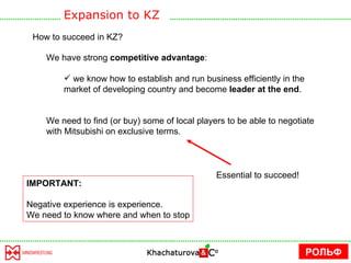 How to succeed in KZ? We have strong  competitive advantage : we know how to establish and run business efficiently in the market of developing country and become  leader at the end . We need to find (or buy) some of local players to be able to negotiate with Mitsubishi on exclusive terms. Essential to succeed! IMPORTANT: Negative experience is experience.  We need to know where and when to stop Expansion to KZ РОЛЬФ 
