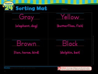 Directions Have children use this page to practice sorting. At Home Encourage children to use the mat to show
how to compare and sort different categories of items.
34
Sorting Mat
Chapter
24 Name
Duplicatinganypartofthisbookisprohibitedbylaw.©2014TriumphLearning,LLC
Gray
[elephant, dog]
Brown
[lion, horse, bird]
Yellow
[butterflies, fish]
Black
[dolphin, bat]
 