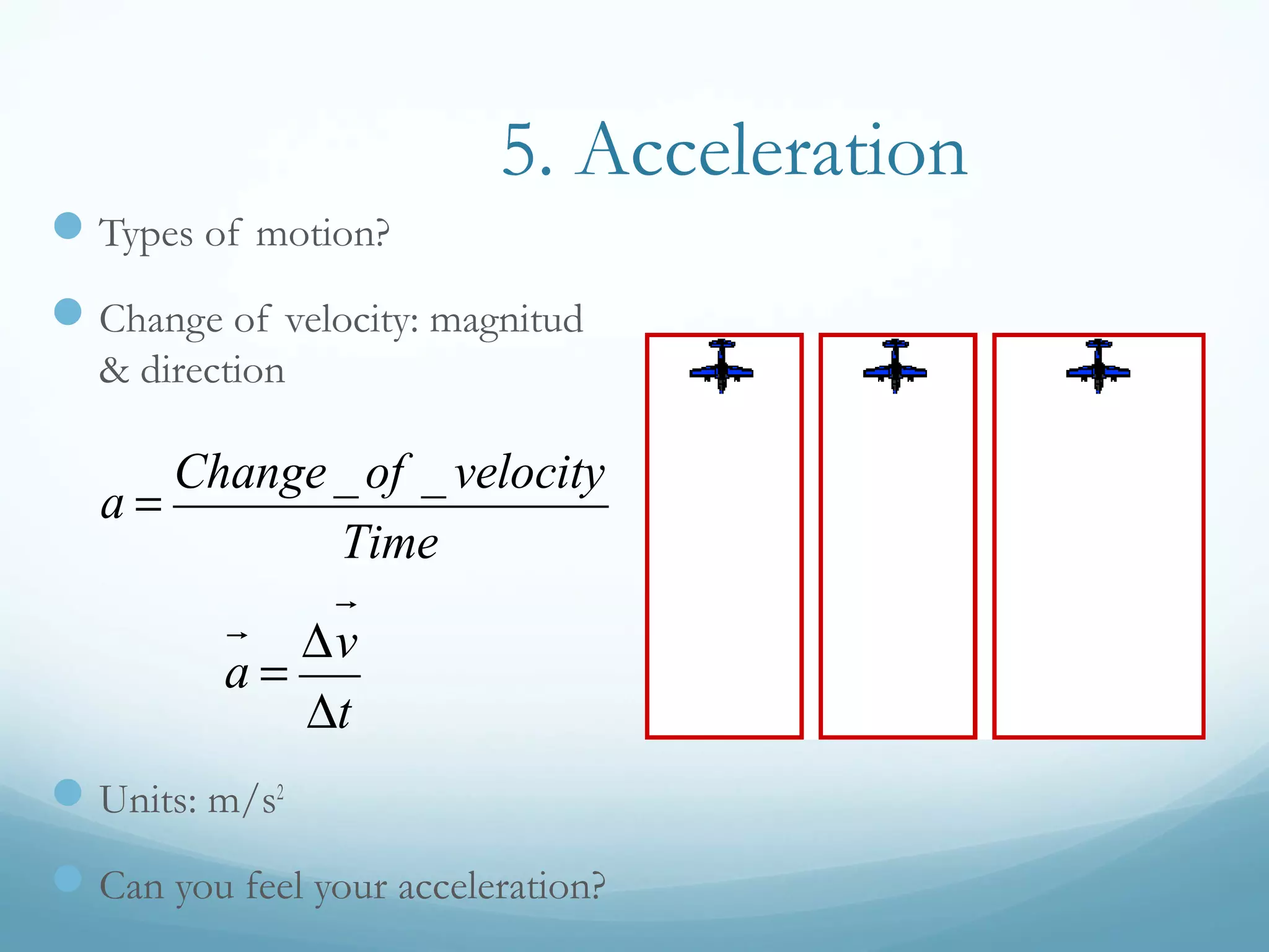 5. Acceleration
Types of motion?
Change of velocity: magnitud
& direction
Units: m/s2
Can you feel your acceleration?
a =
Change_of _ velocity
Time
a

=
∆v

∆t
 