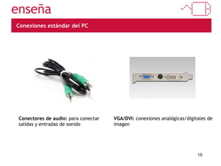 Conexiones estándar del PC Conectores de audio:  para conectar salidas y entradas de sonido VGA/DVI:  conexiones analógicas/digitales de imagen 