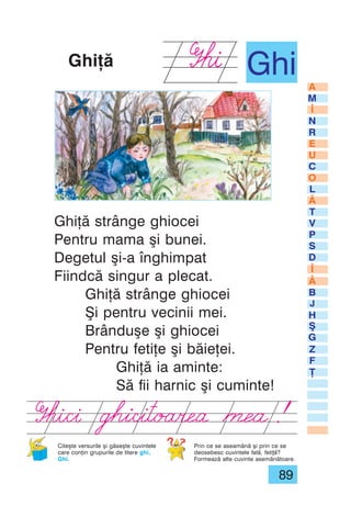 89
A
M
N
R
C
L
T
V
P
S
D
i
E
U
O
Ă
B
J
H
Ş
G
Z
F
Ţ
Î
Â
GhiGhiţă
Ghiţă strânge ghiocei
Pentru mama şi bunei.
Degetul şi-a înghimpat
Fiindcă singur a plecat.
Ghiţă strânge ghiocei
Şi pentru vecinii mei.
Brânduşe şi ghiocei
Pentru fetiţe şi băieţei.
Ghiţă ia aminte:
Să fii harnic şi cuminte!
Citeşte versurile şi găseşte cuvintele
care conţin grupurile de litere ghi,
Ghi.
Prin ce se aseamănă şi prin ce se
deosebesc cuvintele fată, fetiţă?
Formează alte cuvinte asemănătoare.
 
