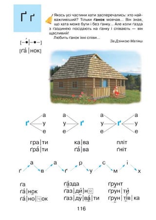 Ґґ / Якось усі частини хати засперечались: хто най­
важливіший? Тільки ґанок мовчав... Він знав,
^ що хата може бути і без ґанку... Але коли ґазда
з ґаздинею посідають на ґанку і співають — він
щасливий!
Любить ґанок їхні співи...
ЗаДзінкою Матіяш
ґ
гра|ти ка|ва
ґра|ти ґа|ва
пліт
ґніт
а
В
р и і
^  ґ / Ч / Ч Х N X
ґа
ґа|нок
ґа|но|[ч]ок
ґазда
ґаз|ди|н0
ґаз |ду |ва |ти
ґрунт
ґрун|ти
ґрун |тів |ка
116
 