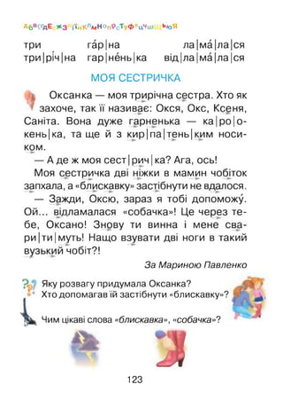 А6В<ҐДЕ * 3 і'І#КлмНОп'РсТу Ф хЦчіи ьюЯ
три гар Іна
три Іріч Іна гар Інень Іка
ла|ма|ла|ся
від|ла|ма|ла|ся
МОЯ СЕСТРИЧКА
Оксан ка — моя трирічна сестра. Хто як
захоче, так її називає: Окся, Оке, Ксеня,
Саніта. Вона дуже гарненька — ка|ро|о-
кень|ка, та ще й з кир|па|тень|ким носи­
ком.
— А де ж моя сест Ірич Іка? Ага, ось!
Моя сестричка дві ніжки в мамин чобіток
запхала, а «блискавку» застібнути не вдалося.
— Зажди, Оксю, зараз я тобі допоможу.
Ой... відламалася «собачка»! Це через те­
бе, Оксано! Знову ти винна і мене сва­
ри Іти Імуть! Нащо взувати дві ноги в такий
вузький чобіт?!
За Мариною Павленко
Яку розвагу придумала Оксанка?
Хто допомагав їй застібнути «блискавку»?
Чим цікаві слова «блискавка», «собачка»?
• 2
123
 