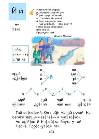 И й
[-•=]
[гай]
/ У засніженій діброві
розпочався дивний рух:
' Ґрунт парує, ніби чай,
по гостей побіг ручай.
А йому назустріч діти:
— Ой, дивіться, — ранні квіти!
Гомін аж за небокрай...
Вже весна.
Проснувся гай.
лійка
[=•=!-•
[л'ій |ка]
Василь Марсюк
край
край |ній
а о і і
ч чй лд м ^й
мий лий чай грай
ви |мий до |лий чай |ник зі |грай
Гай ве |се |лий. Он побіг малий ручай. На
березі пер[Ш]ий зе |ле |ний лис|то|чок.
Ан|дрій|ко й На|дій |ка йдуть у гай.
Весна. Про|снув|с0 гай!
124
 