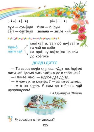 сум
світ
- • І - . ] [•= !-— •]
-сум|ний біла — бі|лий
- світілий зелена — зеІлеІний
Абв^дЕ Жз іійКлм НопРсТуфхичш ь/оЯ
клй|ка|ти, за Іпро| шу |ва |ти
на чай до себе
на Іпро Ішу Іва Іти Іся на чай
до коїгось
Ідемо
пити чай
ДРІЗД І ДЯТЕЛ
— Ти ввесь вечір кличеш: «Дят| ле, іде |мо
пити чай, ідемо пити чай!» А де в тебе чай?
— Немає чаю, — відповідає дрізд.
— А чому ж ти кличеш? — запитує дятел.
— А я не кличу. Я сам до тебе на чай
напрошуюсь!
За Едуардом Шимом
" Як зрозумів дятел дрозда?
125
 