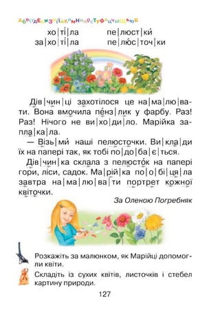 А6в<ґдЕ # з і‘й К лм Н оп9с"ТуФхцч аі ьюЯ
хо Іті Іла
за Іхо Іті Іла
пе|люст| кй
пе|люс|точ|ки
Дів |чин |ці захотілося це на |ма|лю| ва­
ти. Вона вмочила пенз|лик у фарбу. Раз!
Раз! Нічого не ви|хо|ди|ло. Марійка за­
плава |ла.
— Візь|мй наші пелюсточки. Ви|кла|ди
їх на папері так, як тобі по|до|ба| є|ться.
Дів |чин | ка склала з пелюсток на папері
гори, ліси, садок. Ма |рій |ка по |о | бі | ця |ла
завтра на | ма|лю | ва|ти портрет кожної
квіточки.
За Оленою Погребняк
Розкажіть за малюнком, як Марійці допомог­
ли квіти.
Складіть із сухих квітів, листочків і стебел
картину природи.
127
 